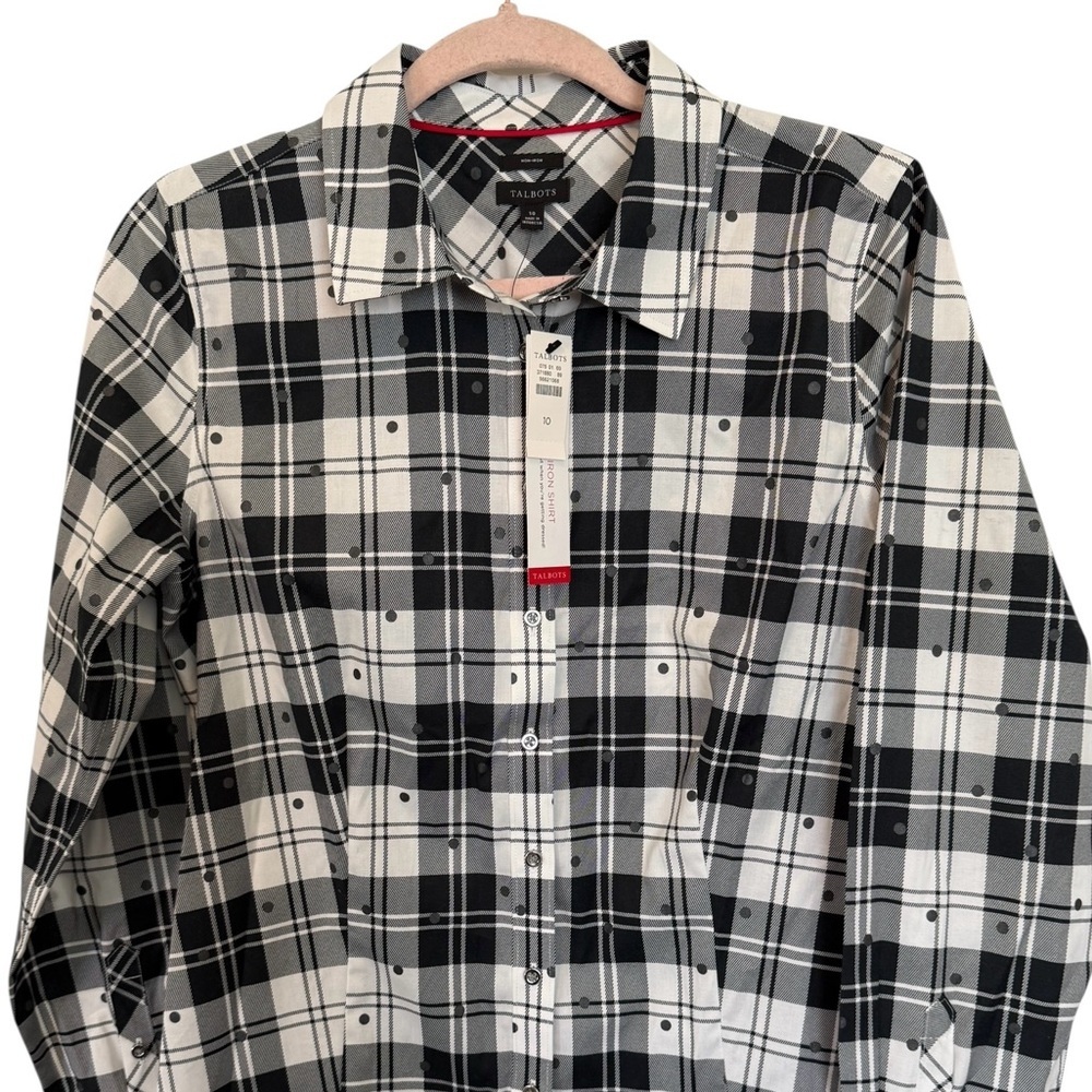 NEW Talbots Women's Black White Gingham Button Collared No-Iron Shirt SZ 10